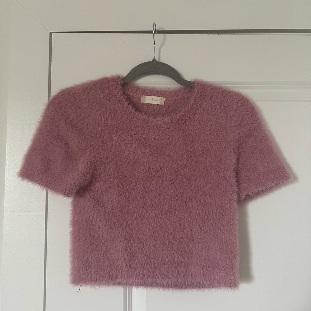 Altard State Fuzzy Pink Eyelash Cropped Sweater Top